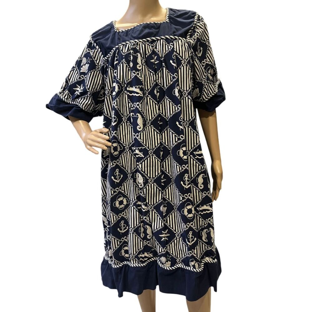 Vtg Go Softly nautical patio muumuu dress navy and white striped anchor print L